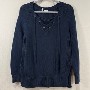 Moth Blue Knit Lace Up Front Oversized Tunic Sweater Coastal Grandma Nautical S